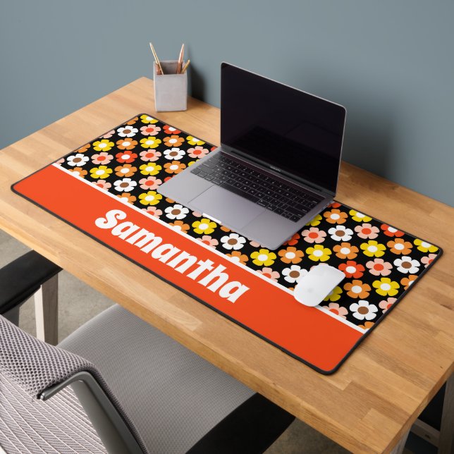 Retro Fall Autumn Flowers Pattern Black Desk Mat (Office 2)