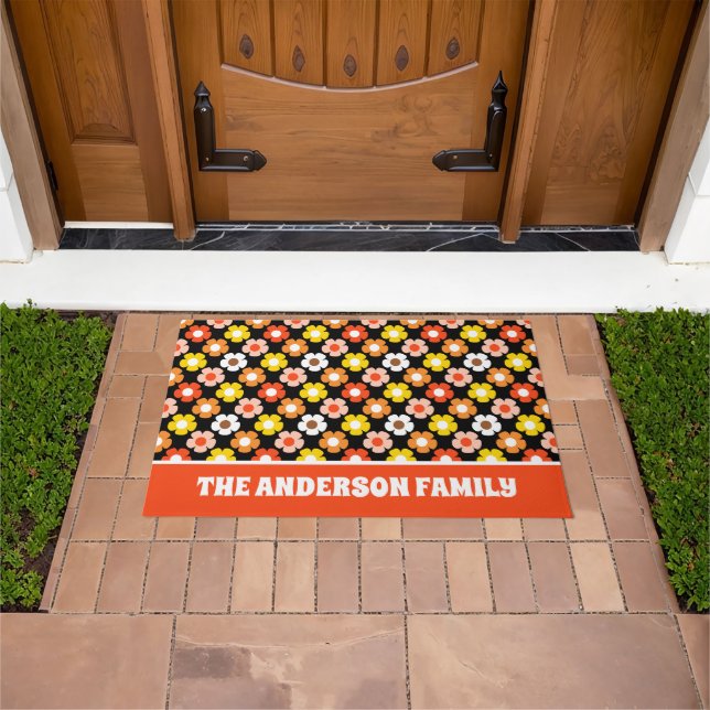 Retro Fall Autumn Flowers Pattern Black Doormat (Outdoor)