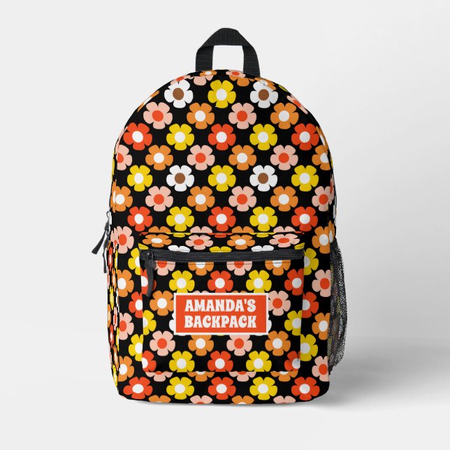 Retro Fall Autumn Flowers Pattern Black Printed Backpack (Front)