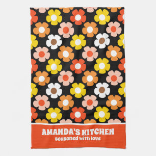 Retro Fall Autumn Flowers Pattern Black Tea Towel