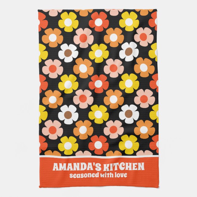 Retro Fall Autumn Flowers Pattern Black Tea Towel (Vertical)
