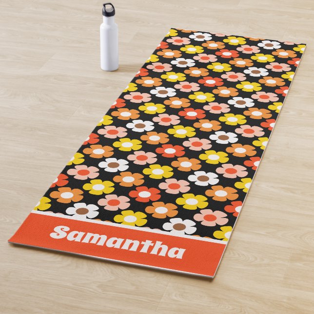 Retro Fall Autumn Flowers Pattern Black Yoga Mat (In Situ)