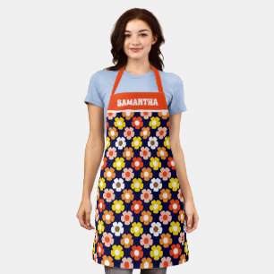 Retro Fall Autumn Flowers Pattern Blue Apron