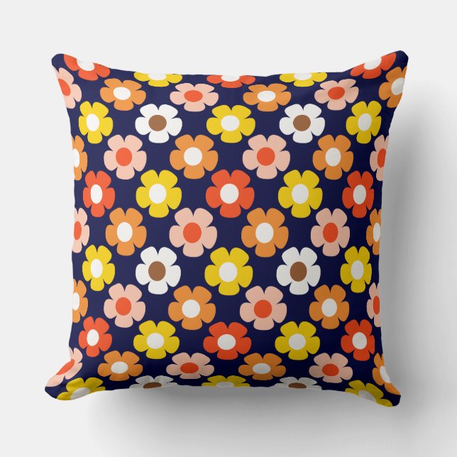 Retro Fall Autumn Flowers Pattern Blue Cushion (Front)