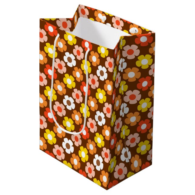 Retro Fall Autumn Flowers Pattern Brown Medium Gift Bag (Front Angled)