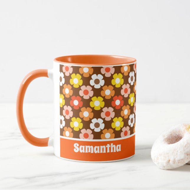 Retro Fall Autumn Flowers Pattern Brown Mug (With Donut)