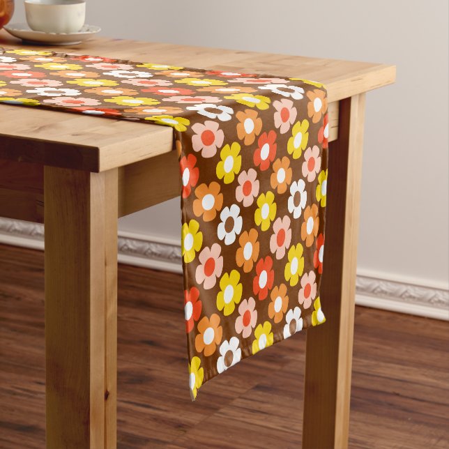 Retro Fall Autumn Flowers Pattern Brown Short Table Runner (In Situ)