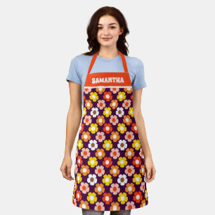 Retro Fall Autumn Flowers Pattern Purple Apron