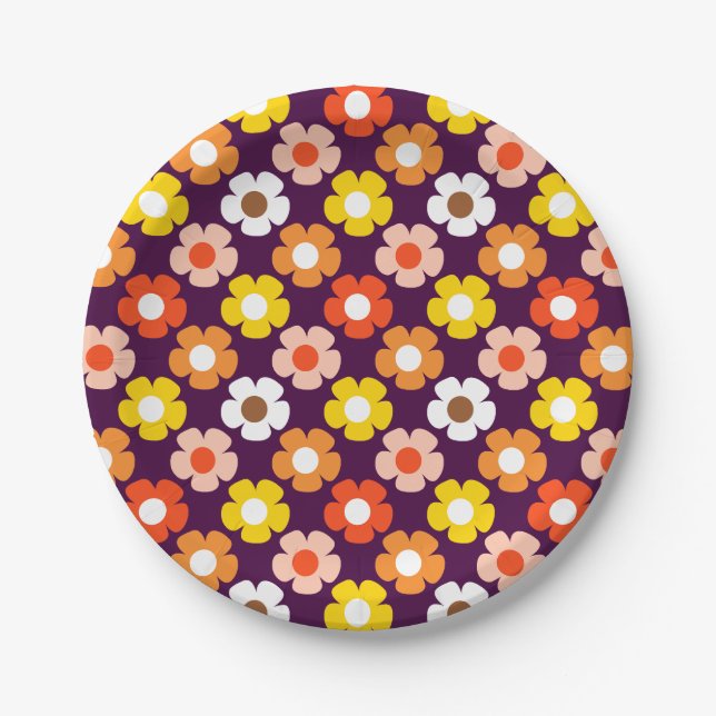 Retro Fall Autumn Flowers Pattern Purple Paper Plate (Front)