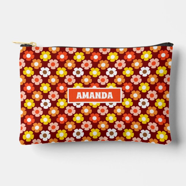 Retro Fall Autumn Flowers Pattern Red Accessory Pouch (Front)