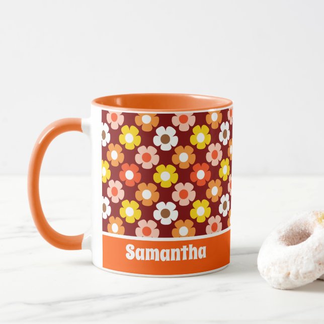Retro Fall Autumn Flowers Pattern Red Mug (With Donut)