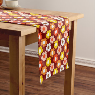 Retro Fall Autumn Flowers Pattern Red Short Table Runner