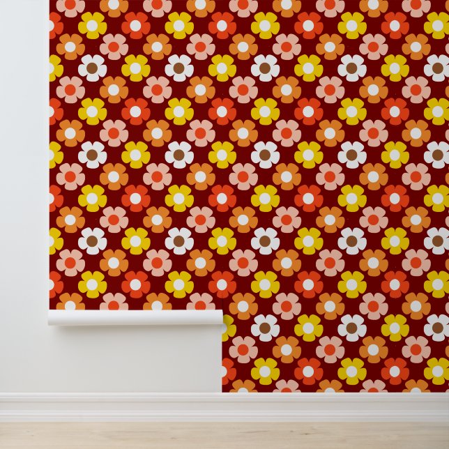 Retro Fall Autumn Flowers Pattern Red Wallpaper (Application)