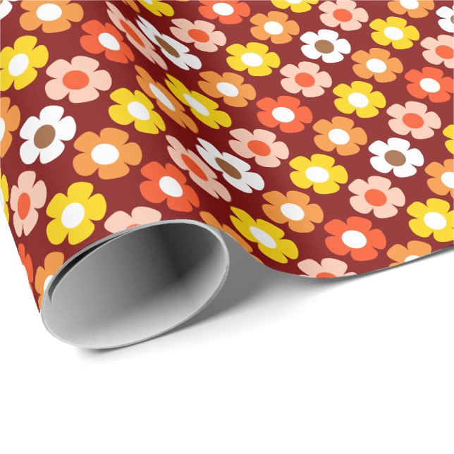 Retro Fall Autumn Flowers Pattern Red Wrapping Paper (Roll Corner)