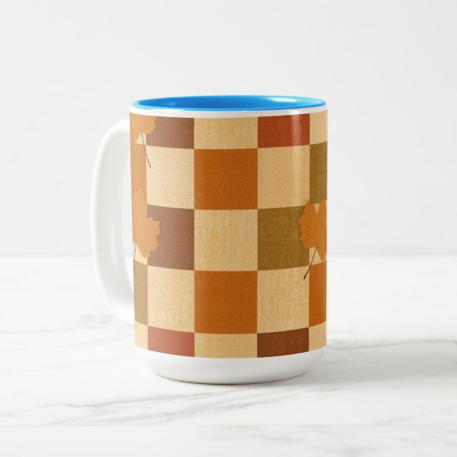 Retro Fall Chequerboard Pumpkin Pattern Two-Tone Coffee Mug (Front Left)