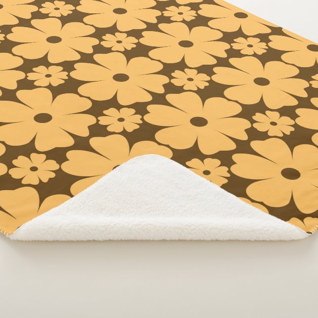 Retro Fall Daisy Floral Pattern Warm Earthy Brown Sherpa Blanket (3/4)