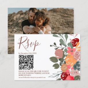 Retro fall floral watercolor photo QR wedding RSVP Card