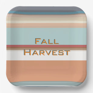 Retro Fall Harvest Blue Orange Stripes Paper Plate