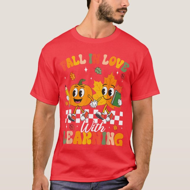 Retro Fall in Love with Learning Autumn Leaf Pumpk T-Shirt (Front)