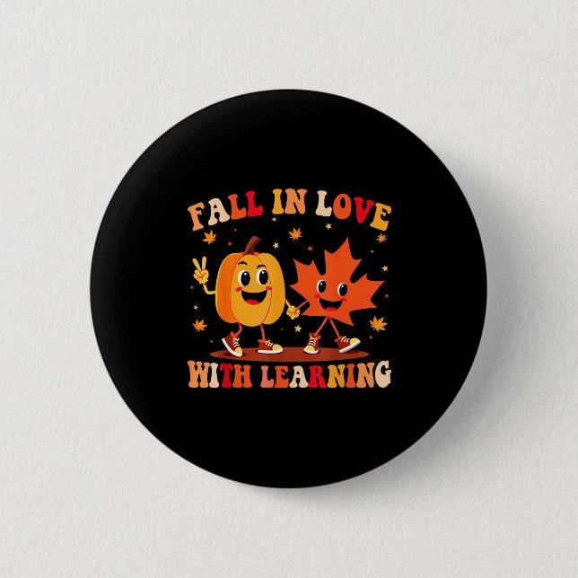 Retro Fall In Love With Learning Autumn Pumpkin Te 6 Cm Round Badge (Front)