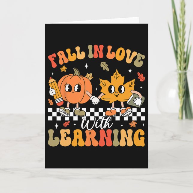 Retro Fall In Love With Learning Autumn Pumpkin Te Card (Front)