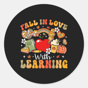 Retro Fall In Love With Learning Autumn Pumpkin Te Classic Round Sticker