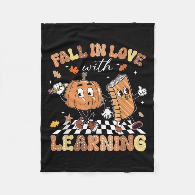 Retro Fall In Love With Learning Autumn Pumpkin Te Fleece Blanket (Front)