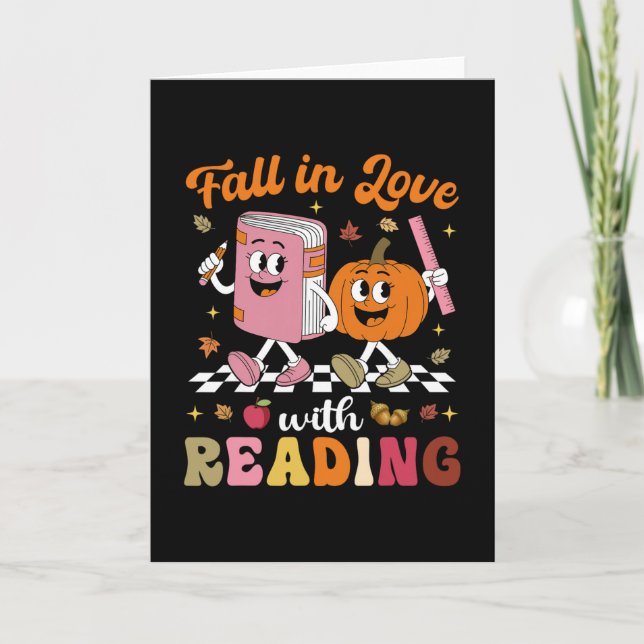 Retro Fall In Love With Learning Pumpkin Autumn Te Card (Front)