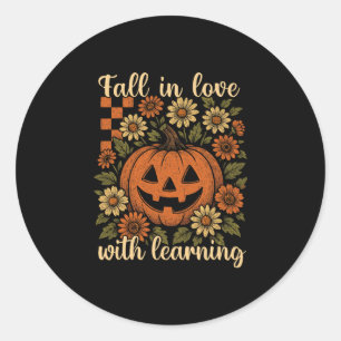 Retro Fall In Love With Learning Teacher Autumn Pu Classic Round Sticker