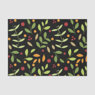 Retro Fall Leaves and Berries Botanical Black Tissue Paper