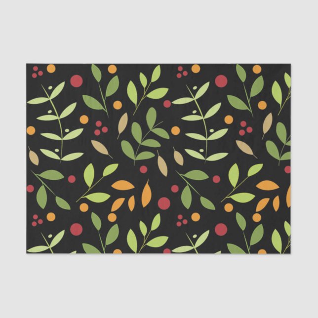 Retro Fall Leaves and Berries Botanical Black Tissue Paper (Front)