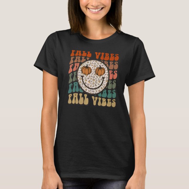Retro Fall Vibes Hello Fall Leopard Smile Face Tre T-Shirt (Front)
