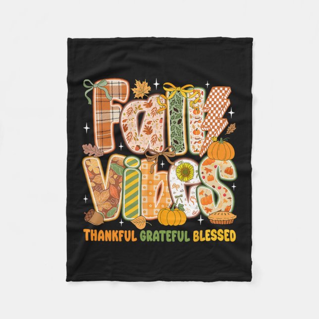 Retro Fall Vibes Thankful Grateful Blessed Autumn  Fleece Blanket (Front)