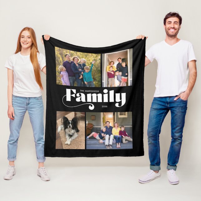 Retro Family 4 Photo Collage Black Background Fleece Blanket (In Situ)