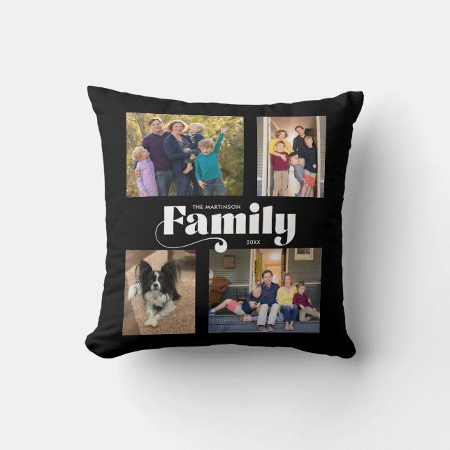 Retro Family 4 Photo Collage Black Cushion (Front)