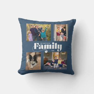 Retro Family 4 Photo Collage Blue Cushion