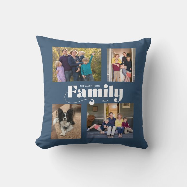 Retro Family 4 Photo Collage Blue Cushion (Front)