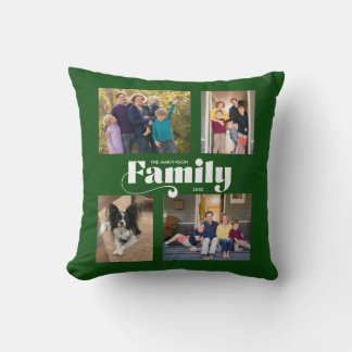 Retro Family 4 Photo Collage Dark Green Cushion