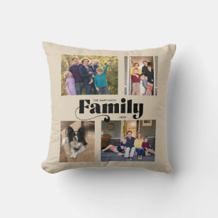 Retro Family 4 Photo Collage Tan Cushion