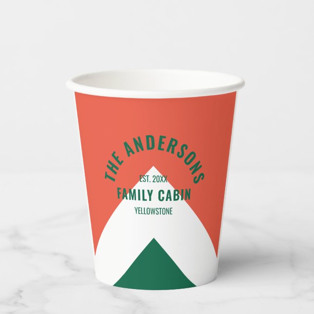 Retro Family Cabin Personalised Name Green Red  Paper Cups (Front)