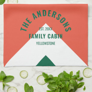 Retro Family Cabin Personalised Name Red Green  Tea Towel