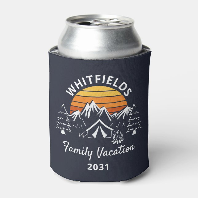 Retro Family Camping Vacation Custom Name Can Cooler (Can Front)