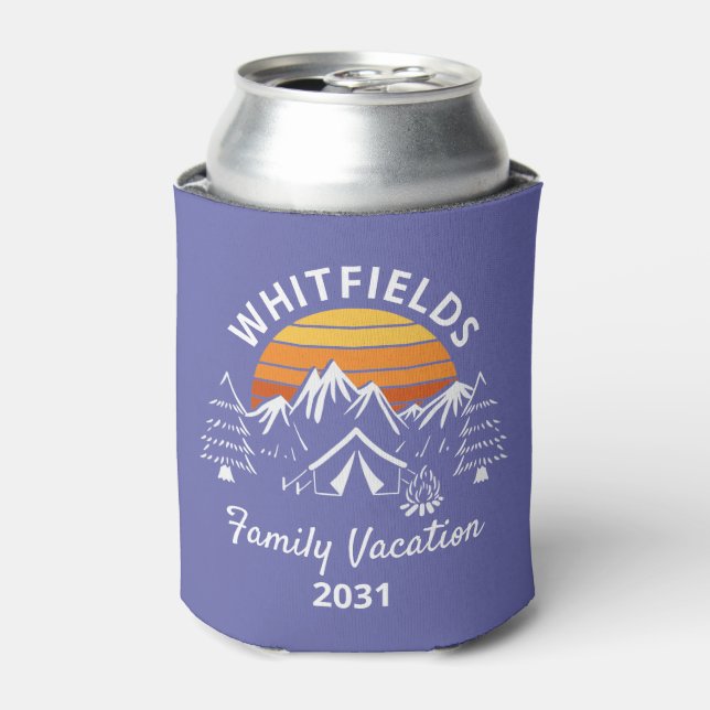 Retro Family Camping Vacation Custom Name Can Cooler (Can Front)