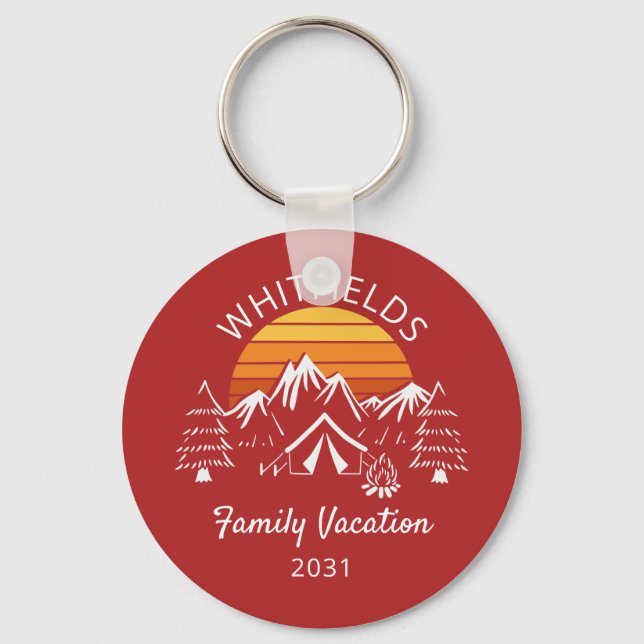 Retro Family Camping Vacation Custom Name Key Ring (Front)