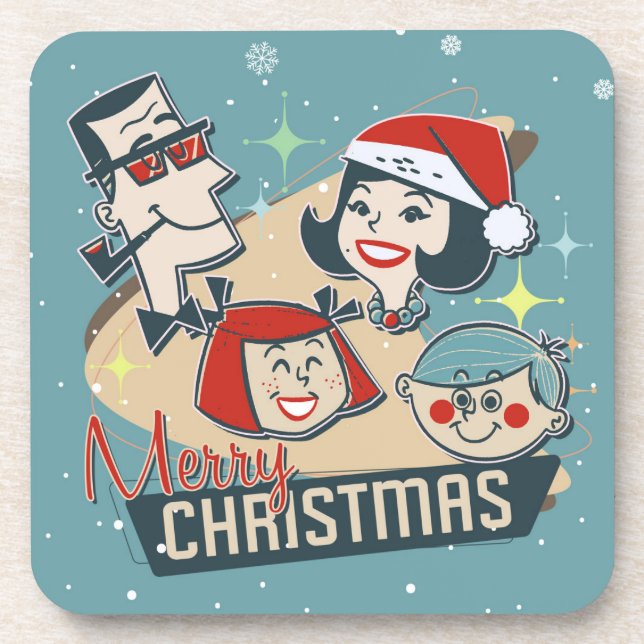 Retro Family Merry Christmas Happy New Year Coaster (Front)