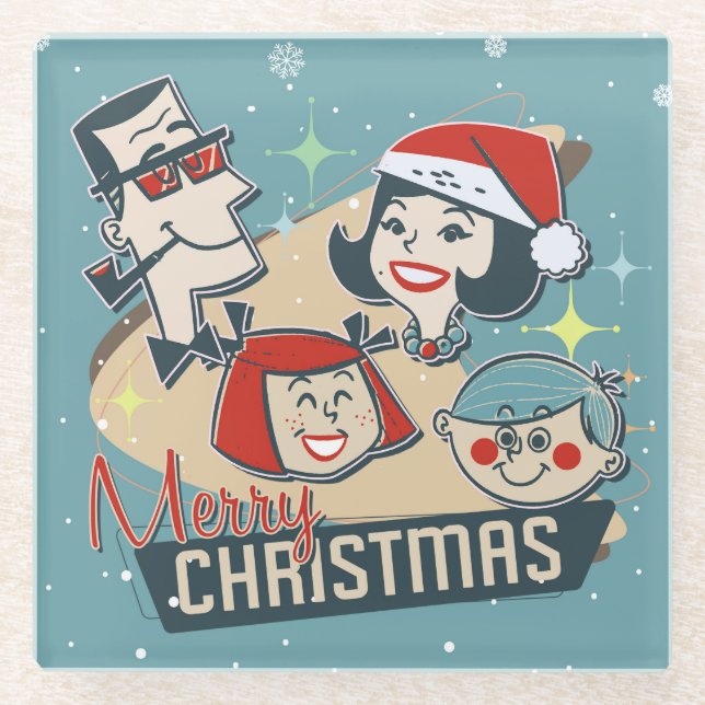 Retro Family Merry Christmas Happy New Year Glass Coaster (Front)