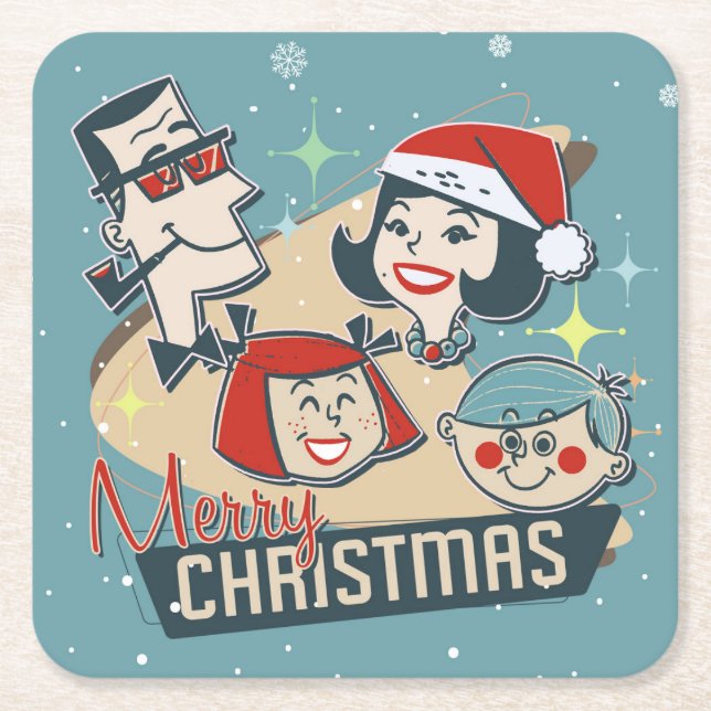 Retro Family Merry Christmas Happy New Year Square Paper Coaster (Front)