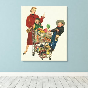 Retro Family, Mom and Kids Grocery Shopping Cart Canvas Print