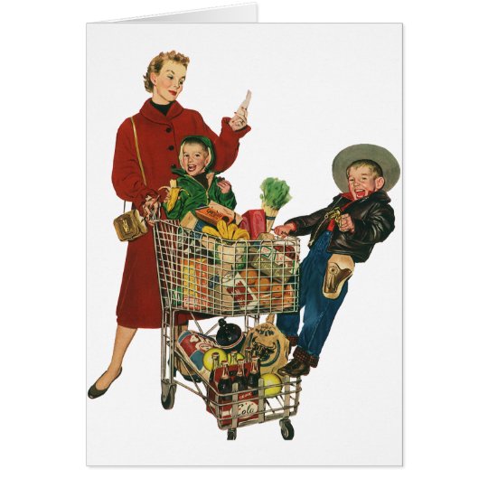 Retro Family, Mum and Kids, Cart Grocery Shopping Card