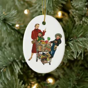 Retro Family, Mum and Kids, Cart Grocery Shopping Ceramic Tree Decoration
